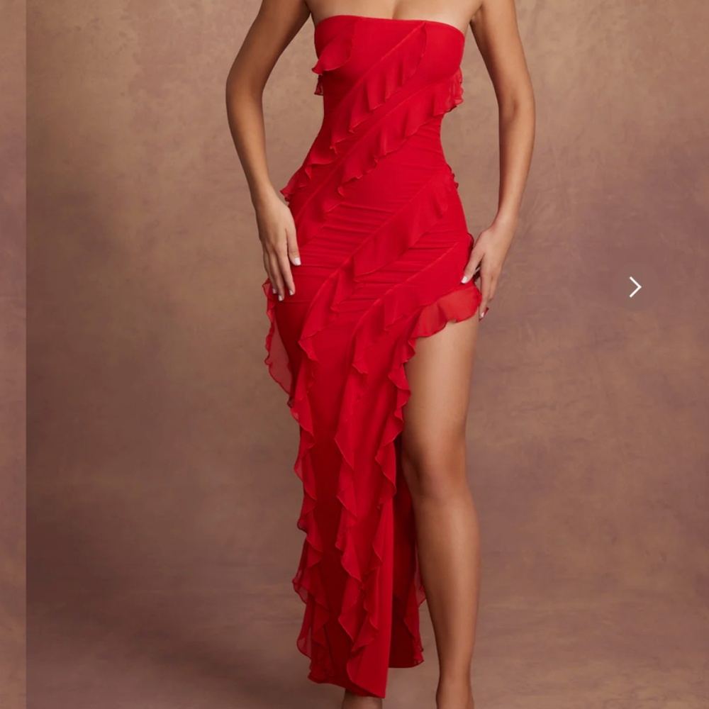 Bandeau Ruffle Detail Maxi Dress in Red